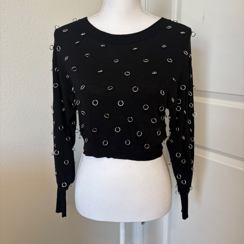 Zara Black Grommet-Embellished Crewneck Sweater